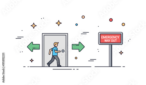 Safe evacuation route clear directional arrows guiding people toward an exit door while a simple emergency sign marks the safe way out. The scene communicates