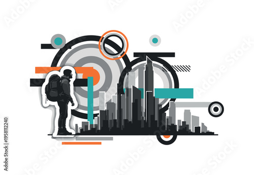 monochrome hiker standing beside abstract city skyline silhouettes with backpack, white contour cut-out outline around the figure, layered circles