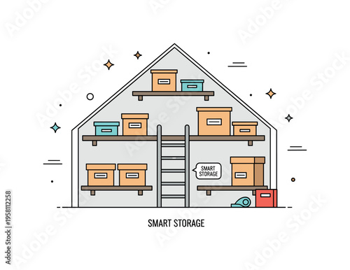 Attic storage makeover organized loft with simple shelves, labeled boxes, and a small ladder leading into the space. A tiny label Smart Storage emphasizes