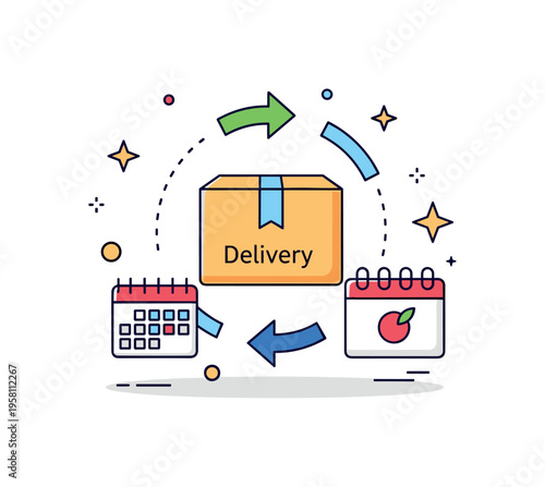 Monthly subscription delivery represented by a small box labeled ?Delivery? surrounded by refresh arrows and a calendar icon. The friendly scene reflects
