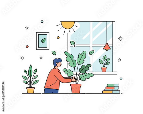 Bringing plants indoors cozy living space where a person gently places a leafy houseplant near a bright window while soft sunlight and tiny leaf icons create a