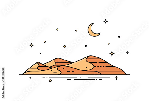 Night desert dunes quiet desert landscape with layered sand dunes under a starry sky and crescent moon creating a calm nighttime desert scene. The composition