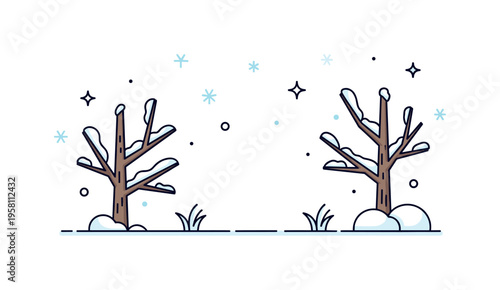 Frozen nature winter forest with snow resting on simple tree branches while icy sparkles decorate the scene. The peaceful composition conveys the quiet