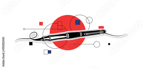 brush pen creating an elegant ink flourish across a page, black and white retro pen cut out with white outline effect, large red circle behind the flourish