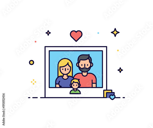 Family photo memory moment with a small framed picture showing two parents and a child standing close together while a tiny heart symbol appears above them.