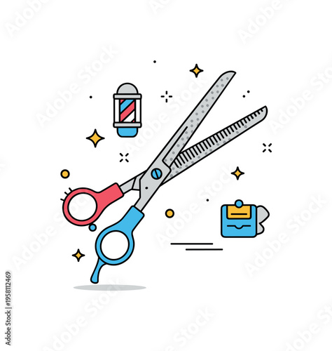 Precision haircutting shears slightly open textured scissors with subtle grip details and small sparkle icons highlighting sharpness and accuracy.