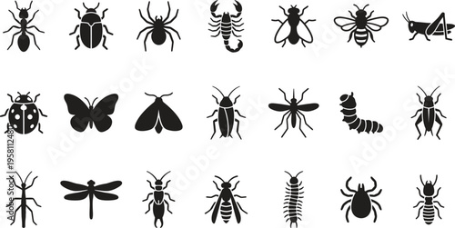 A collection of various insect silhouettes on a white background