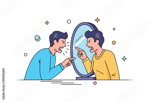 Inner criticism concept a person angrily yelling at their mirror reflection while the reflected figure points back accusingly, symbolizing harsh self judgment