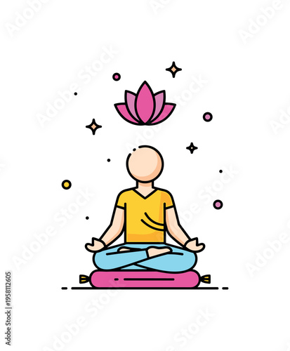 Lotus meditation posture simple seated figure on a small cushion with a lotus flower icon floating above. The composition communicates focus, stillness, and