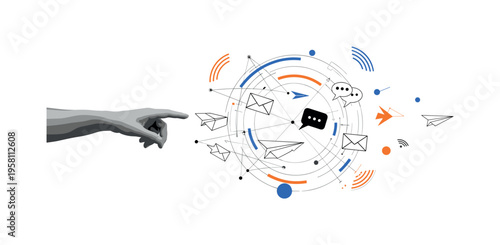 monochrome hand releasing paper airplanes shaped like message icons, surrounded by circular arcs and thin network lines representing rapid information spread,