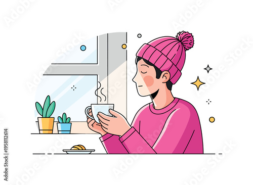 Person in a reflective pose holding a cup of tea by a window, soft morning light illuminating the face, conveying mindfulness and quiet reflection. Minimalist