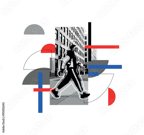 black and white fashion model walking on a city sidewalk wearing bold streetwear, white outline collage effect, abstract semicircles and geometric bars