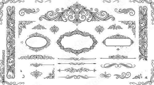 A collection of ornate and elegant black line art designs for decorative frames and borders