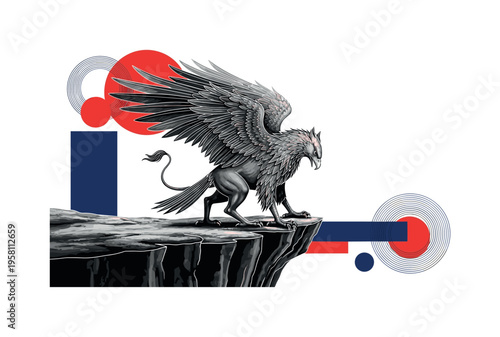 monochrome griffin standing on a cliff edge with wings spread in wind, white outline cut-out effect around the creature, abstract circles and structured blocks