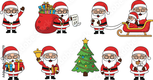 Cute Cartoon Santa Claus Christmas Character Set with Gifts, Sleigh, Christmas Tree, Bell, Cookies, and Holiday Celebration Elements Vector Illustration