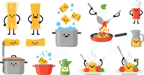 Cute pasta cooking process set with spaghetti characters and kitchen utensils, funny food preparation scenes flat vector illustration collection for kids design
