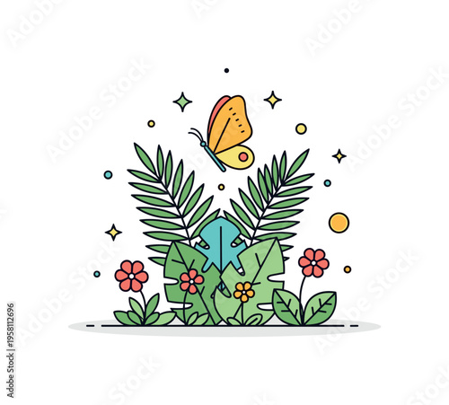 Tropical butterfly and jungle plants elegant butterfly hovering above layered palm leaves and small tropical flowers creating a compact ecosystem scene. Spark