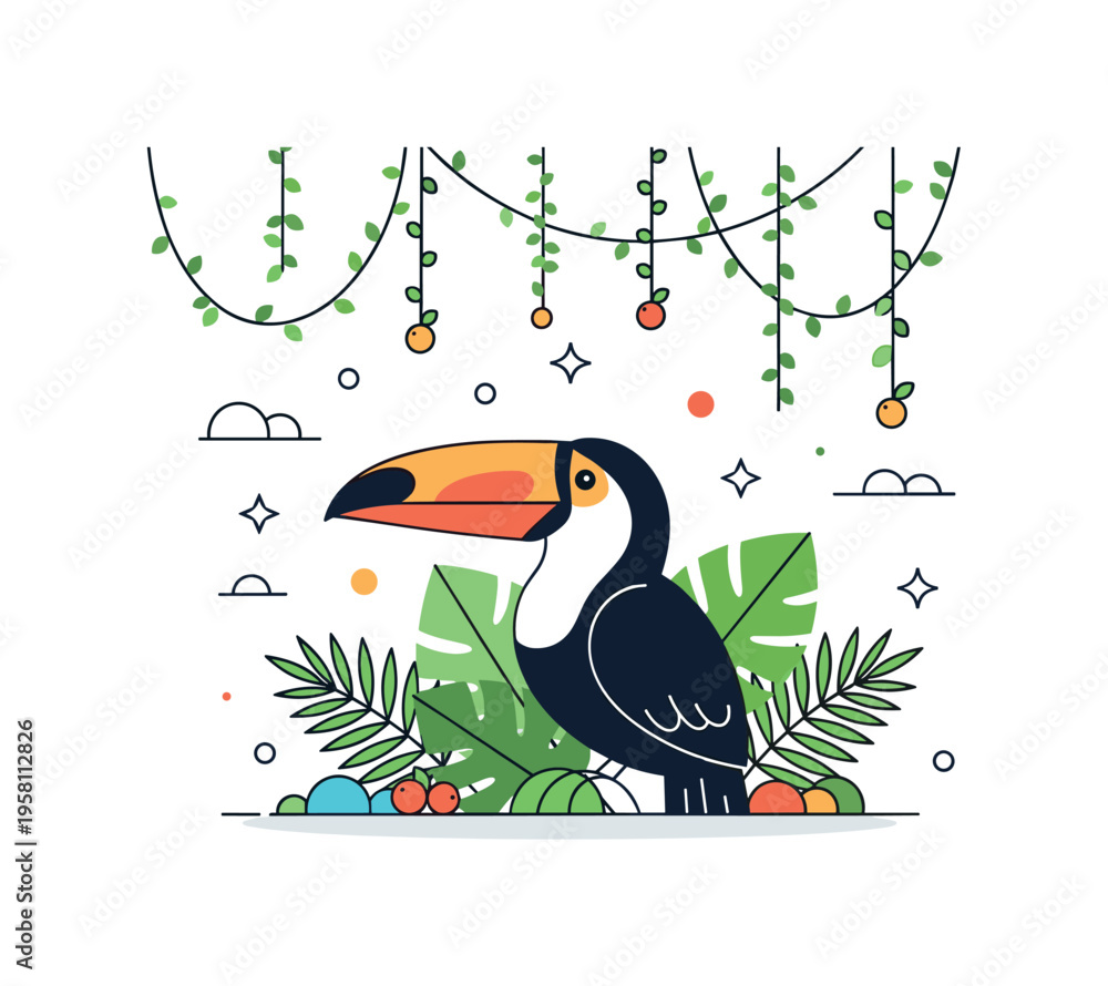 Obraz premium Toucan in tropical foliage bold toucan with a large beak sitting among layered palm leaves and hanging jungle vines while small berries and sparkle icons