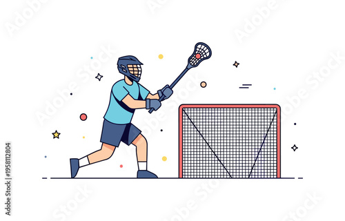Lacrosse athlete action stylized player silhouette holding a lacrosse stick while preparing to throw the ball toward the goal. The composition