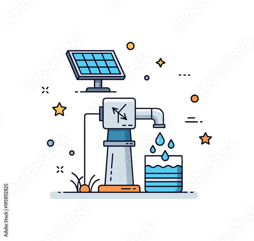 Solar powered water pump concept with a small solar panel connected to a pump delivering water droplets into a storage container. Clean environmental scene