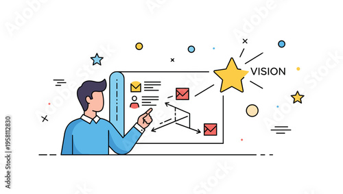 Founder strategy planning leader reviewing a simple roadmap diagram pointing toward a star labeled ?Vision?. Scene expresses thoughtful planning and long term