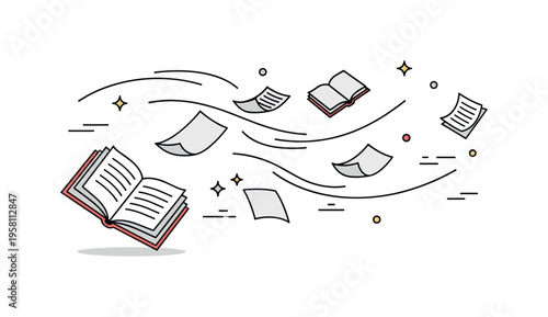 Wind scattered book pages open book with pages carried away by curved wind lines creating movement across the composition. The scene captures a poetic moment