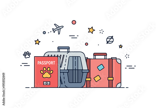 Pet passport travel concept small pet passport with paw symbol placed next to a carrier and suitcase while tiny airplane icons suggest international travel