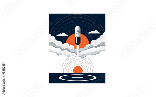 Black and white capsule piercing through abstract geometric cloud layers, concentric circles radiating from launch pad, deep navy and bright orange flat shapes