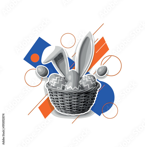 monochrome realistic Easter bunny ears emerging from basket of eggs, white cut-out outline around objects, overlapping circles and diagonal shapes symbolizing