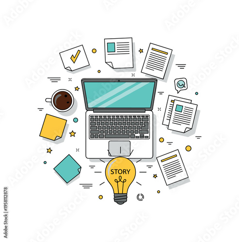 Creative newsroom energy symbolized by a laptop, coffee cup, and scattered article notes surrounding a glowing idea bulb labeled ?Story?. The lively