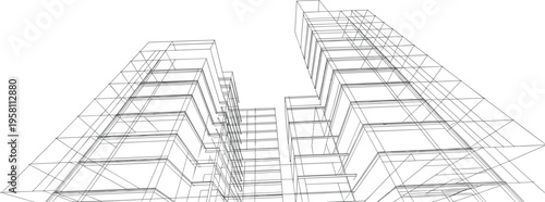 Building structural wireframe vector, architectural sketch of a high-rise skyscraper frame with vertical and horizontal lines