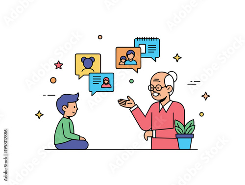 Generational memory exchange a simple storytelling scene where a grandparent gestures while sharing past experiences as a child sits nearby, floating memory