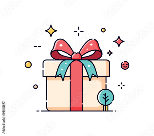 Gift box celebration concept centered on a neatly wrapped present with a large ribbon bow and subtle sparkle accents, symbolizing joy and thoughtful surprises.