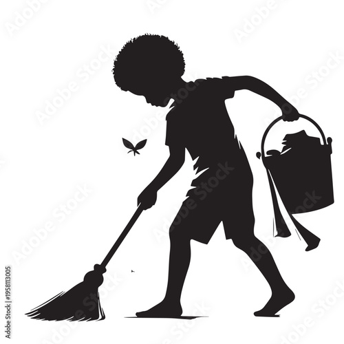 Black Child helping chores Silhouette Vector, High Quality Illustration on White Background