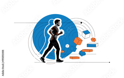 retro fitness concept with a black and white runner jogging in place viewed from the side, white contour cut-out outline around the figure, large blue circle