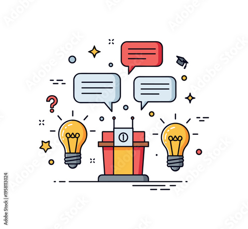 Youth debate education concept with a small podium surrounded by idea lightbulbs and speech bubbles suggesting curiosity, discussion, and academic learning.