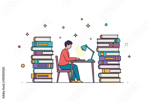 Library reading moment a person sitting quietly at a small table surrounded by tall stacks of books while a soft desk lamp and tiny sparkle accents express