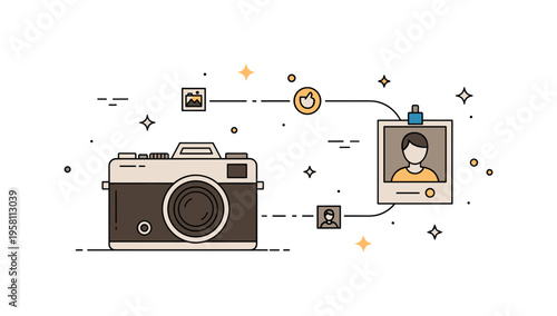 Classic sepia photography a vintage camera and small portrait photo connected by tiny sparkle icons expressing warm retro aesthetics and timeless photographic