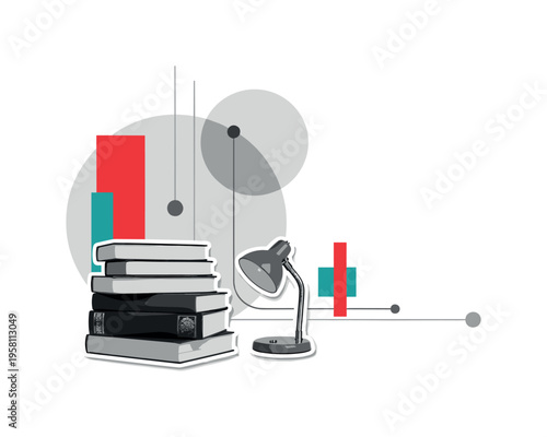 retro collage of novels stacked beside a small reading lamp, black and white realistic objects with white cut-out outline, intersecting circles and vertical