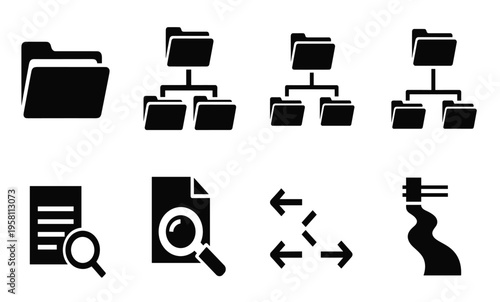 Black icons of data organization flow.