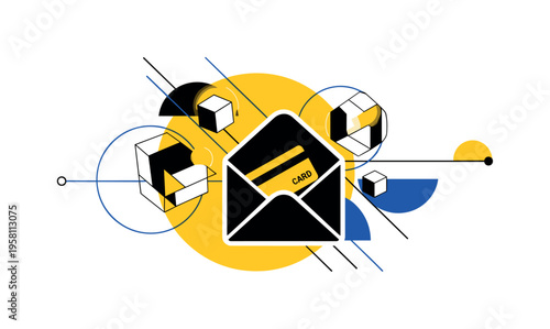 open envelope revealing a gift card inside, black and white cut-out envelope with white outline effect, large yellow circle behind the envelope symbolizing