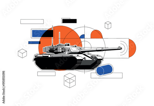 black and white tank turret rotating with cannon pointing forward, bold orange circle behind the turret symbolizing action and focus, thin geometric lines and
