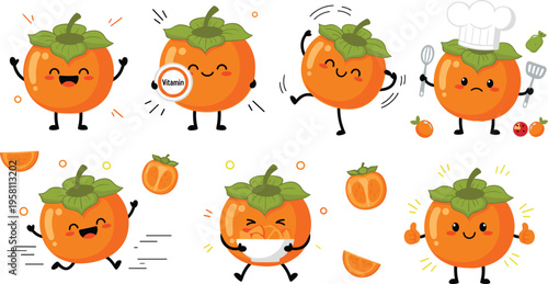 Cute persimmon fruit characters set with emotions, running, cooking and healthy vitamin concept cartoon vector illustration
