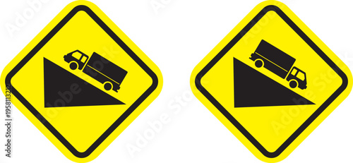 Trucks on a steep incline road warning signs