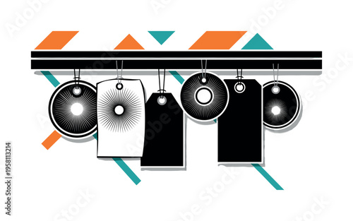 Black and white price tags hanging from a store shelf, bold radial lines and circular shapes symbolizing attention and sales focus, flat orange and teal