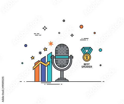 Competitive speaking challenge centered on a microphone with a rising score meter and a small medal icon labeled ?Best Speaker?. The scene symbolizes