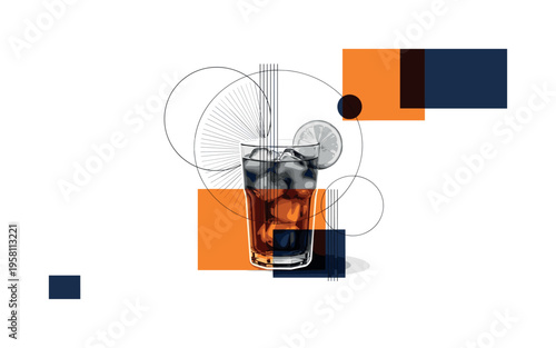 black and white glass of iced tea filled with ice cubes and lemon slice on the rim, realistic cut-out object with white outline, abstract circular halos and