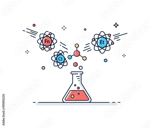 Atoms forming molecules colorful atoms moving toward each other and linking into a small molecule symbol above a laboratory flask. The scene communicates the