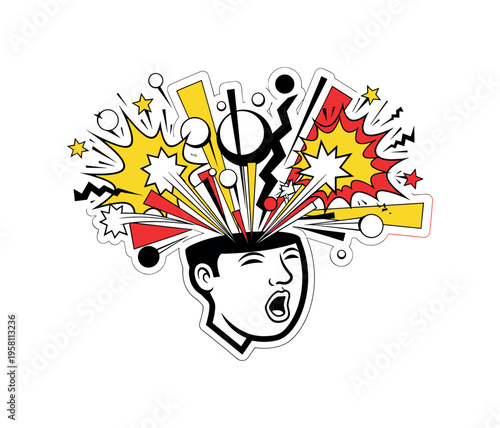 cartoon-style human head exploding into playful comic fragments as the main object, exaggerated pop-art explosion shapes and stars bursting outward, geometric