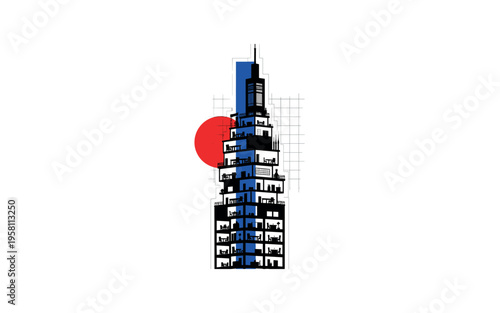 Black and white retro skyscraper tower sliced into visible stacked layers showing mixed functions like office desks, apartments, and cafes in simplified